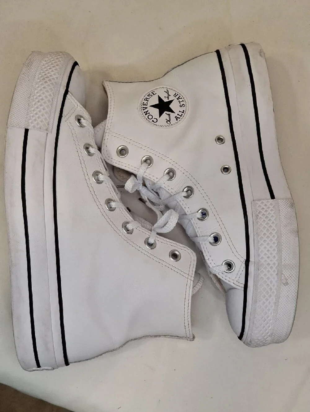 Converse Women's Leather White High Top Platform Sneakers with Black Stripe